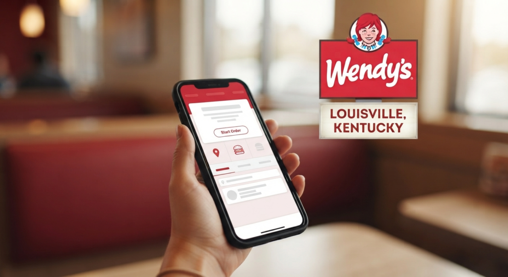 Person using a mobile ordering app on a smartphone to order ahead from a Louisville Wendy's location
