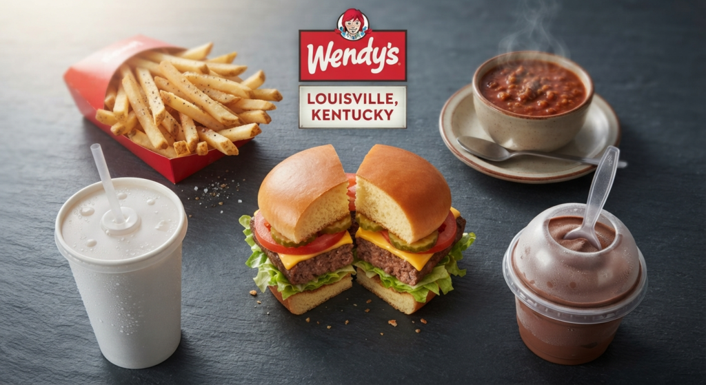 Flat-lay photo of popular Wendy's menu items including a beef burger, natural-cut fries, chili, and a Frosty dessert