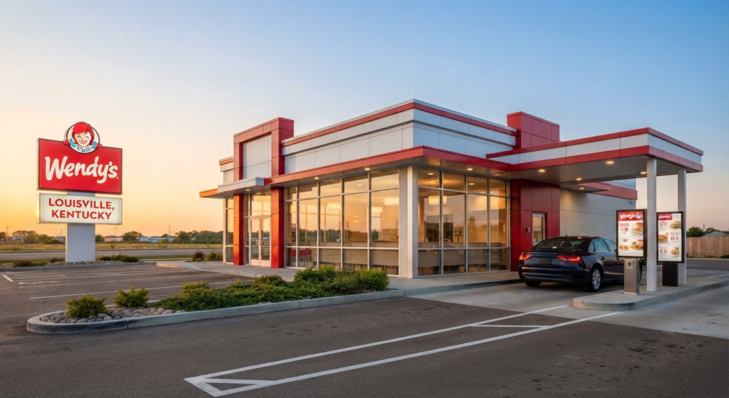 Exterior of a Wendy's restaurant in Louisville, Kentucky with drive-thru lane and parking lot at golden hour
