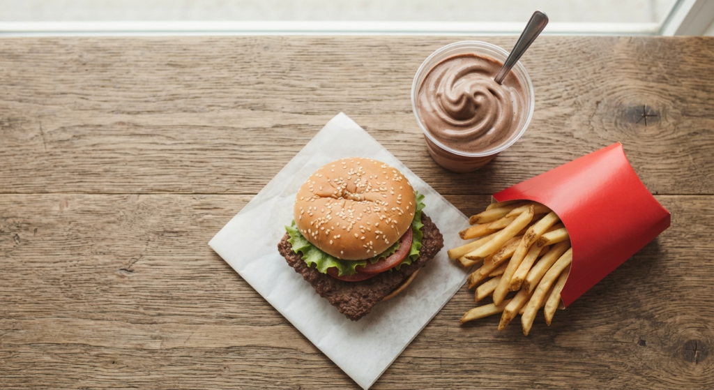 Fast-food meal flatlay with a square burger patty, fries, and a frozen dessert