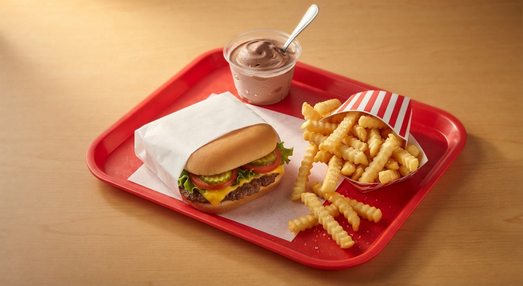 Flat lay of a fast food burger, fries, and chocolate frosty dessert on a red tray