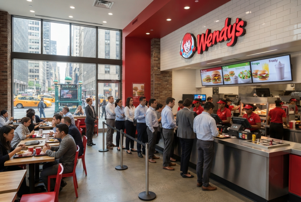 Line of customers inside a busy Midtown Manhattan Wendy's restaurant during lunch rush, Wendy's logo sign above the counter