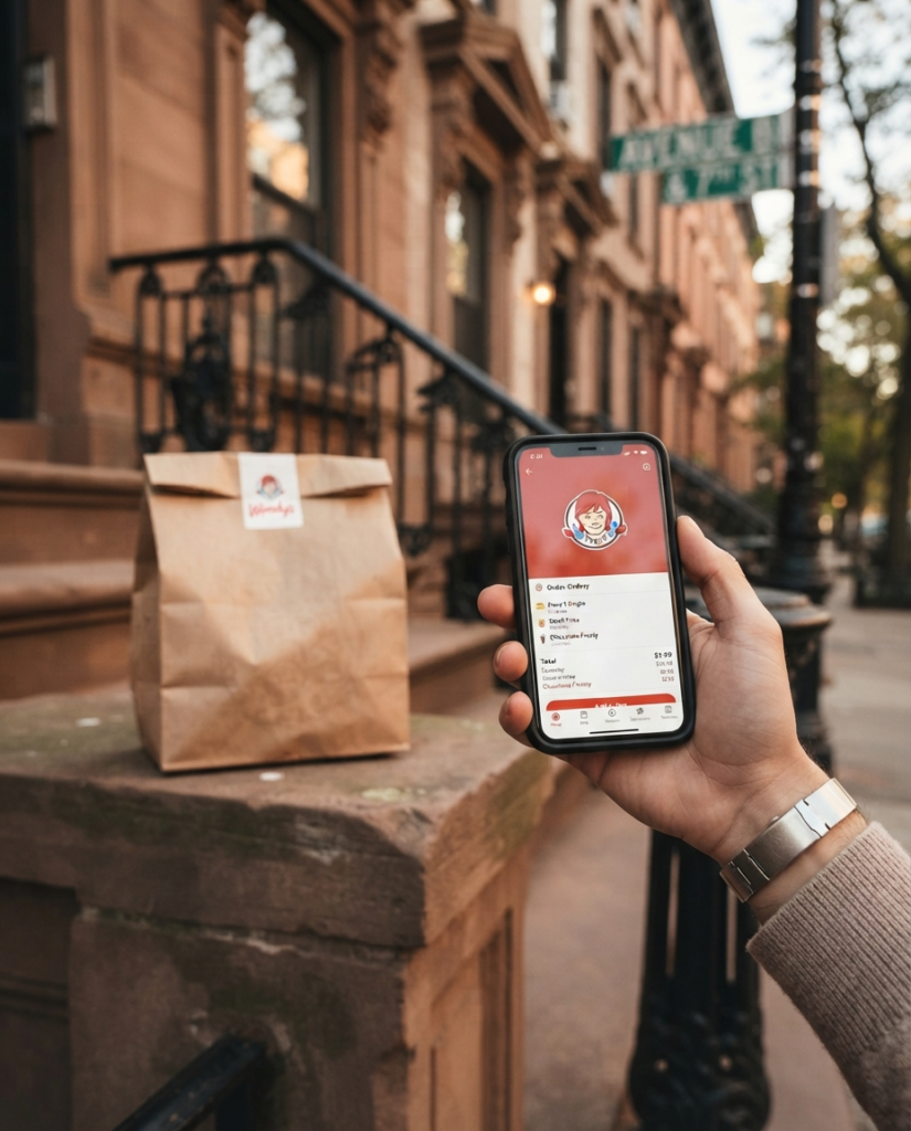 Person holding a smartphone showing a Wendy's mobile order screen with the Wendy's logo, delivery bag on a New York City doorstep