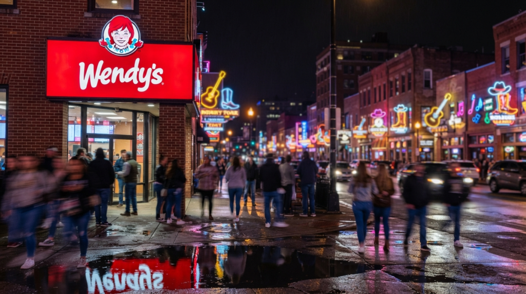 Wendy's storefront signage near neon honky-tonk bar signs on Lower Broadway in downtown Nashville at night