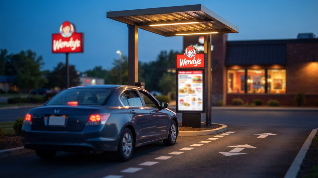 Car at a Wendy's drive-thru order window with a digital menu board and Wendy's logo signage at a Nashville-area location
