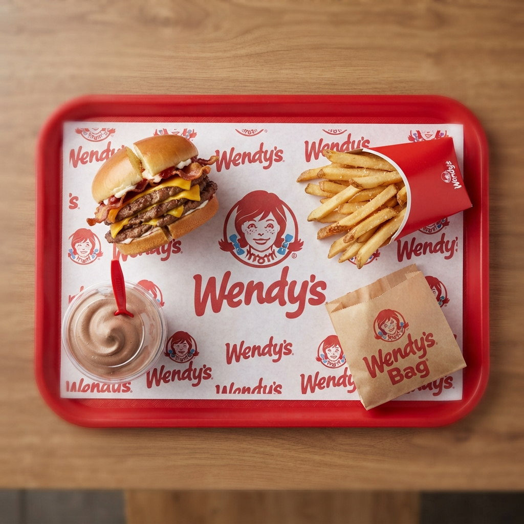 Wendy's Biggie Bag meal, Baconator burger, natural-cut fries, and chocolate Frosty arranged on a tray with the Wendy's logo