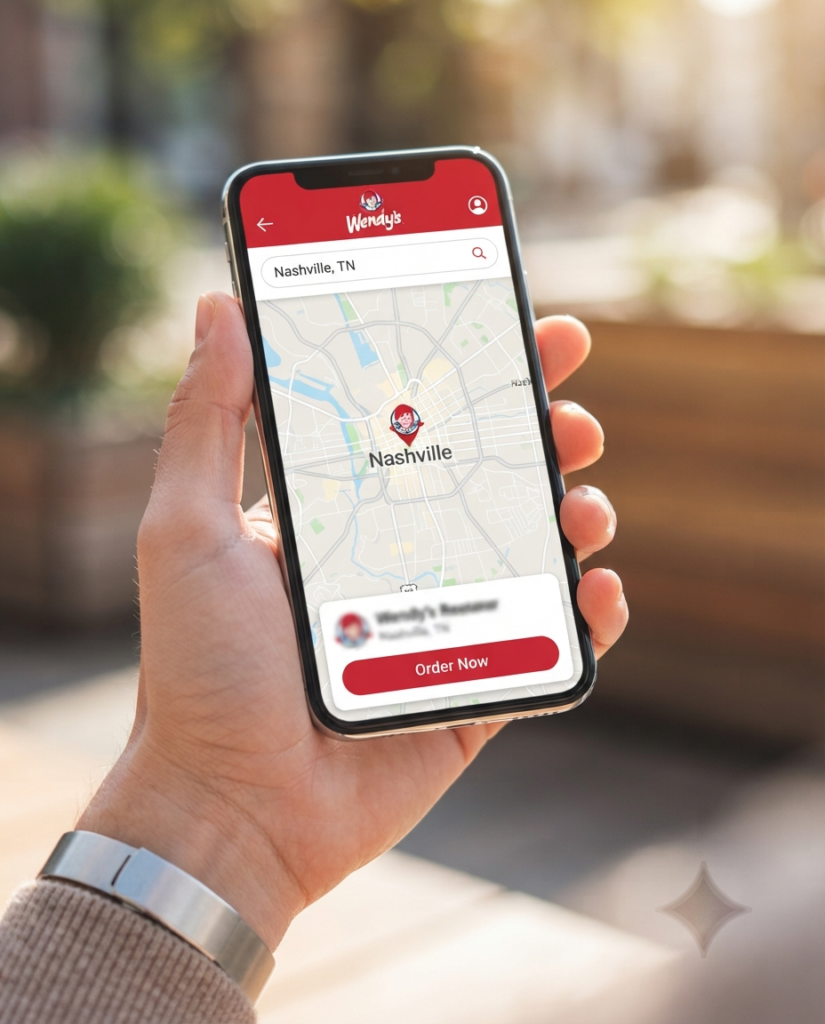 Smartphone screen displaying the Wendy's app restaurant locator with a Nashville, Tennessee map pin and the Wendy's logo
