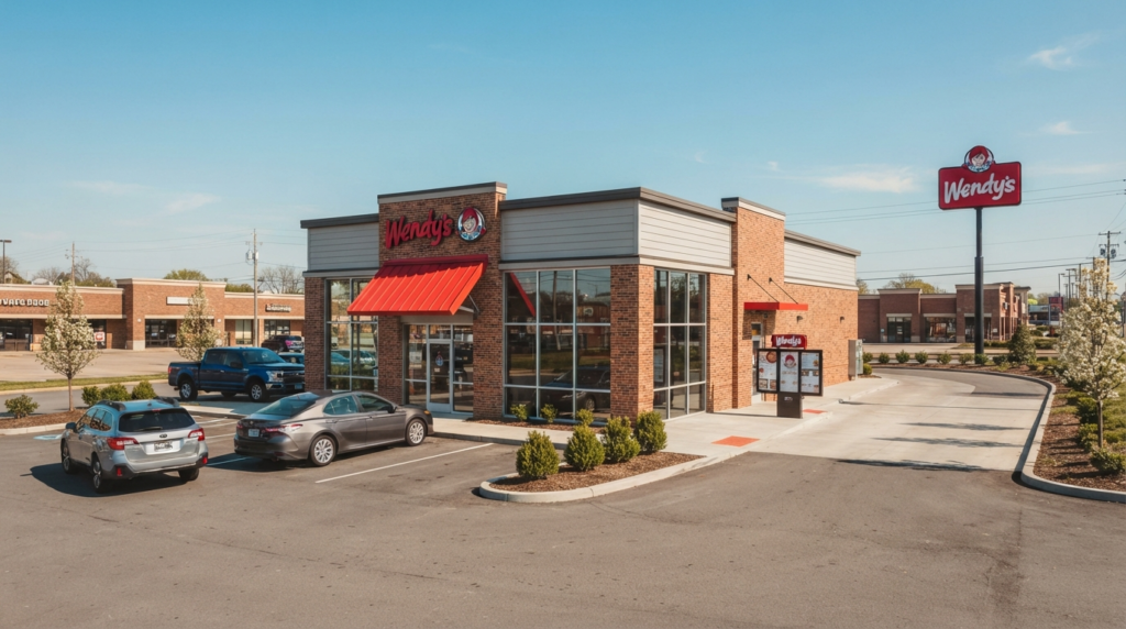Wendy's fast food restaurant storefront exterior in Nashville, Tennessee with red Wendy's logo signage and drive-thru lane