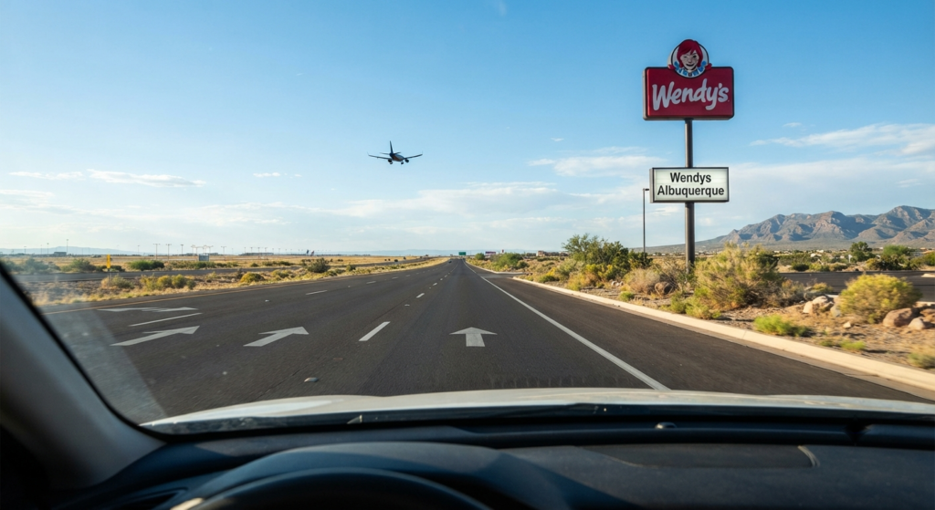 Wendy's roadside sign glowing at dusk near a New Mexico highway with an airplane departing in the background near ABQ Sunport