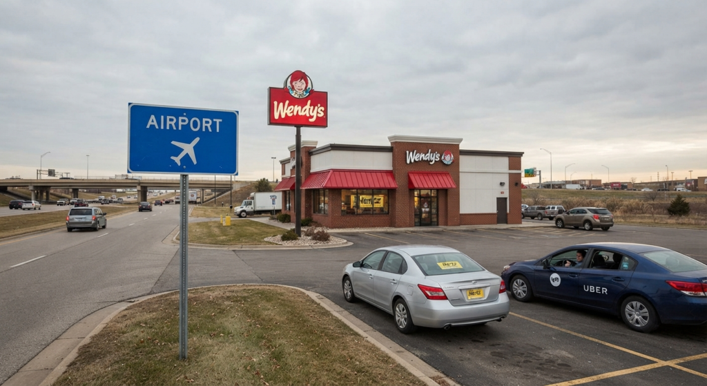 Wendy's restaurant exterior near a highway airport sign close to Kansas City International Airport