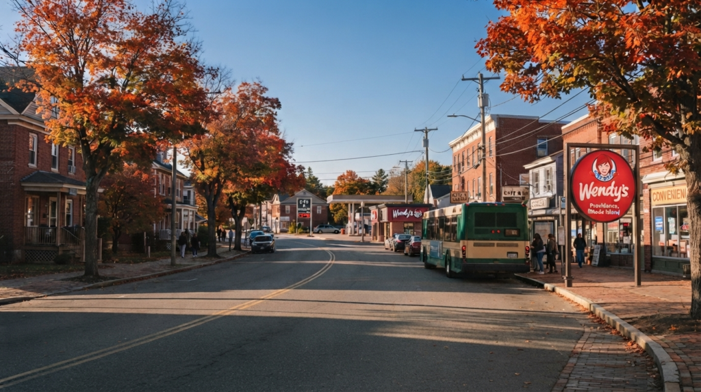 Autumn street view of a Providence, Rhode Island area commercial corridor near Wendy's locations