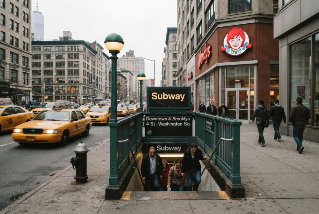 New York City subway station entrance sign near a Wendy's restaurant with Wendy's logo visible on nearby storefront