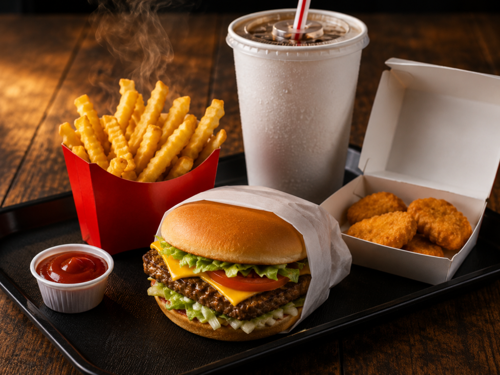 Wendy's combo meal with burger, fries, chicken nuggets, and a drink