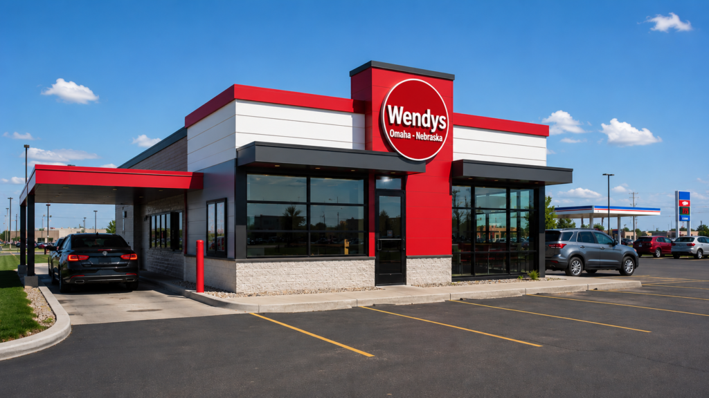 Wendy's fast food restaurant exterior with drive-thru in Omaha, Nebraska