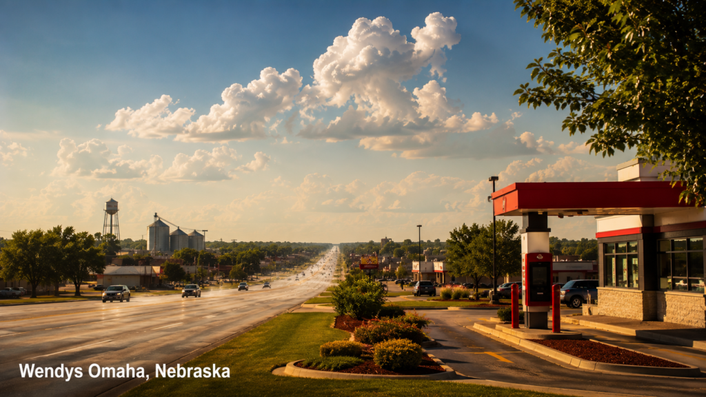 Flat Midwestern plains landscape and drive-thru near Omaha, Nebraska in summer