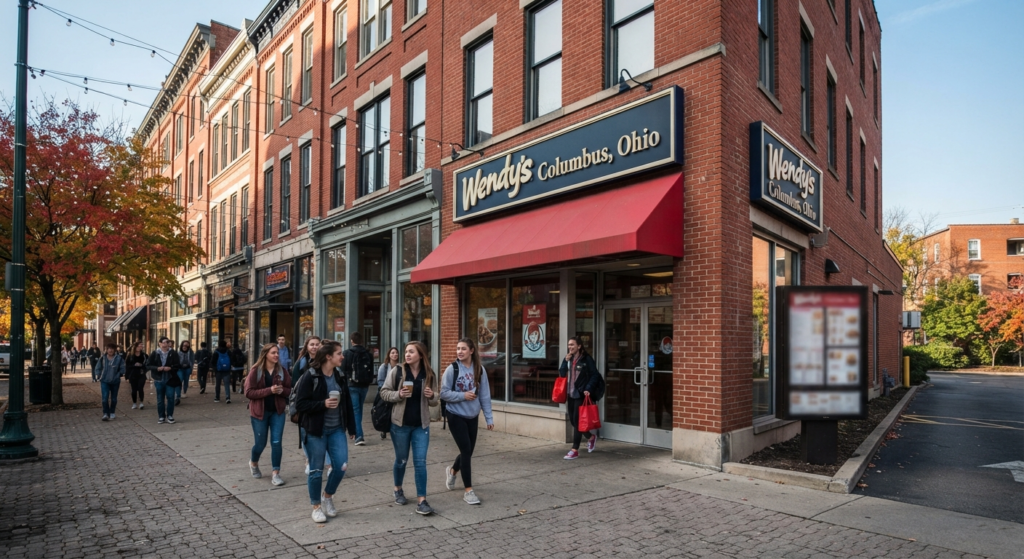 College-town street scene near a university campus with a fast-food restaurant along the strip