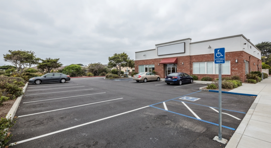 Empty parking lot in front of a suburban fast food restaurant with painted spaces