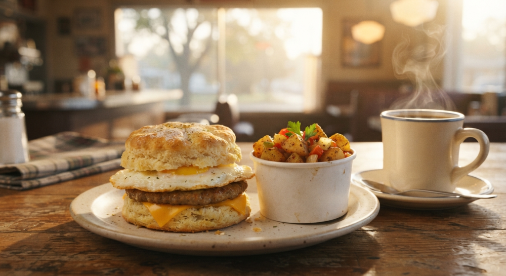 Breakfast biscuit sandwich, seasoned potatoes, and coffee representing Wendy's Philadelphia breakfast menu