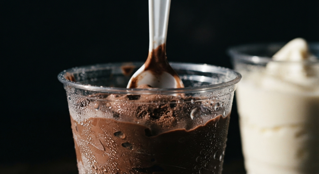 Chocolate Frosty dessert in a cup with a spoon, a popular Wendy's drink item in Philadelphia