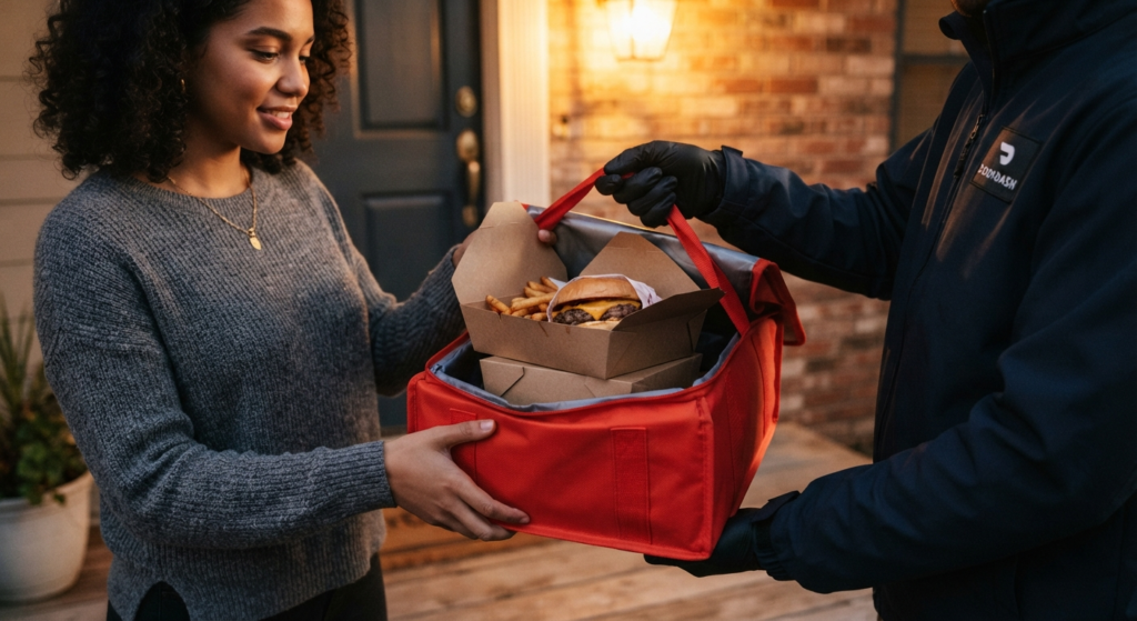 Delivery courier handing off a food delivery bag with burger and fries at a front door