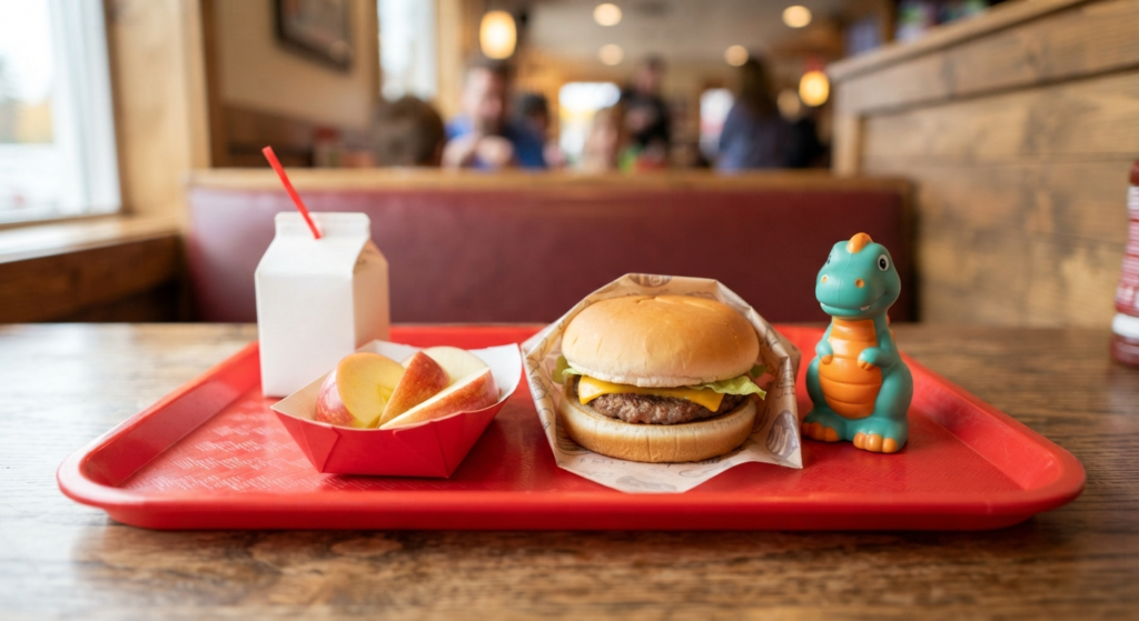 Kids' meal with a small burger, apple slices, and milk at a Wendy's location in Philadelphia