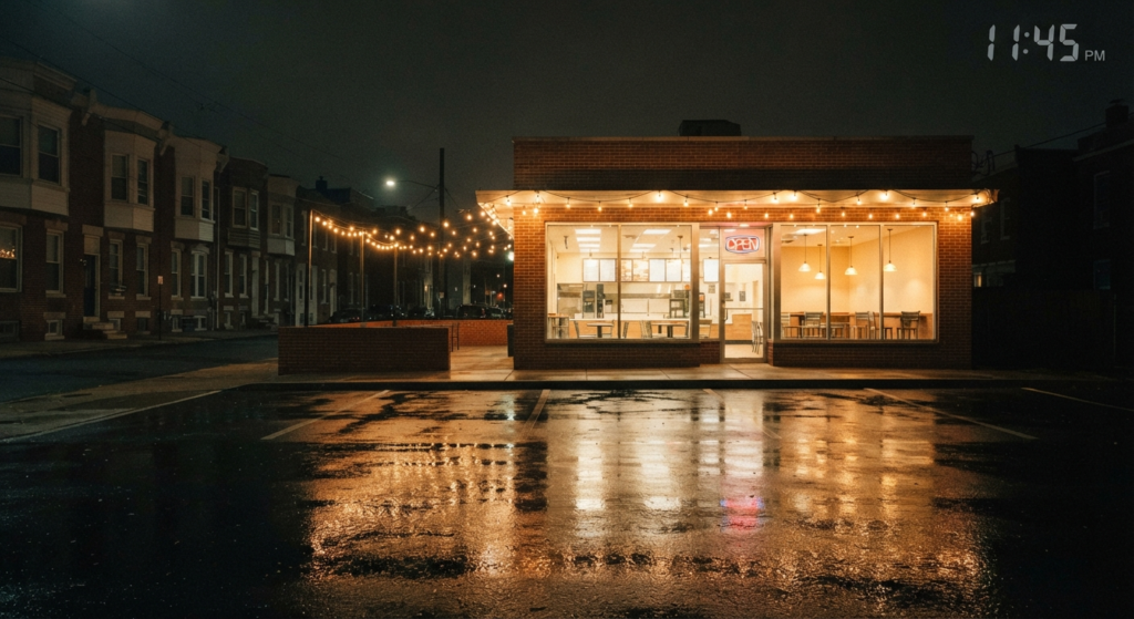 Illuminated fast-food restaurant storefront open late at night in a Philadelphia neighborhood