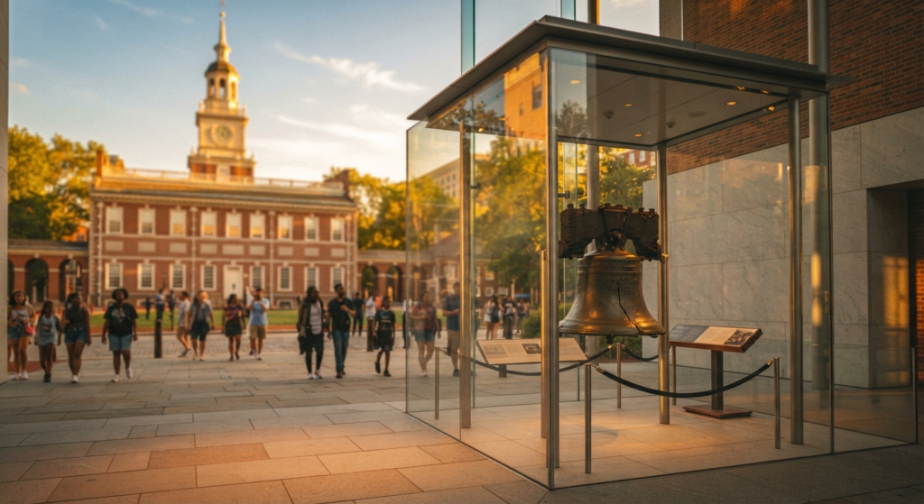 Liberty Bell pavilion with Independence Hall in the background in Philadelphia