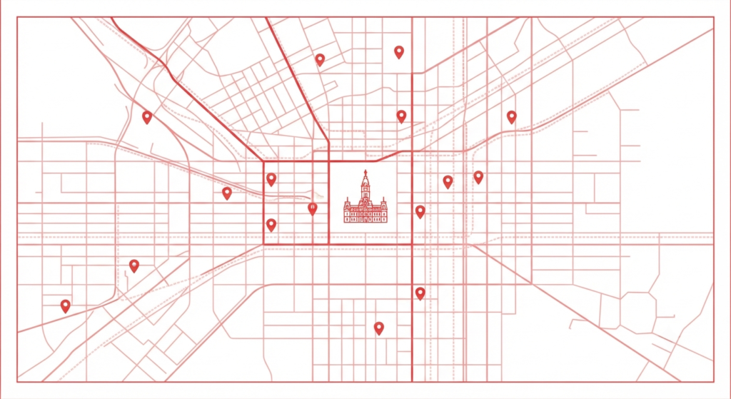 Illustrated map of Philadelphia showing multiple Wendy's location pin markers
