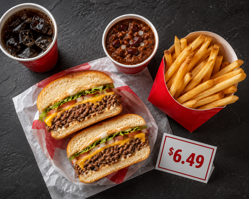 Overhead flat lay of a Wendy's-style burger, chili, and fries with a menu price tag