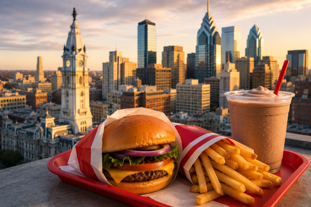 Burger, fries, and Frosty on a tray with the Philadelphia skyline in the background