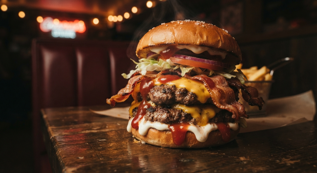 Close-up of a bacon cheeseburger with melted cheese, a top-selling Wendy's item in Philadelphia