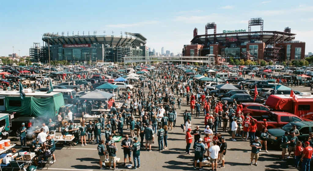 Crowds tailgating outside the South Philadelphia sports complex on game day