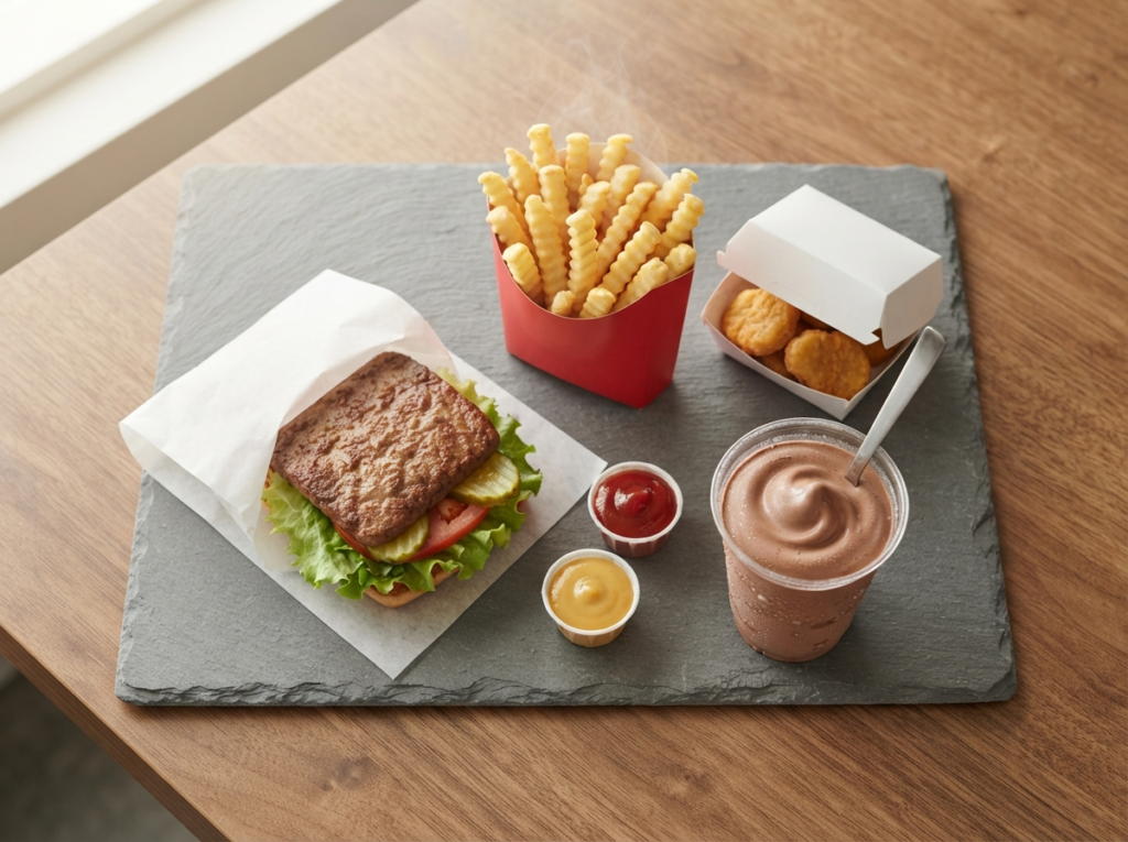 Wendy's value meal with burger, fries, chicken nuggets, and Frosty dessert