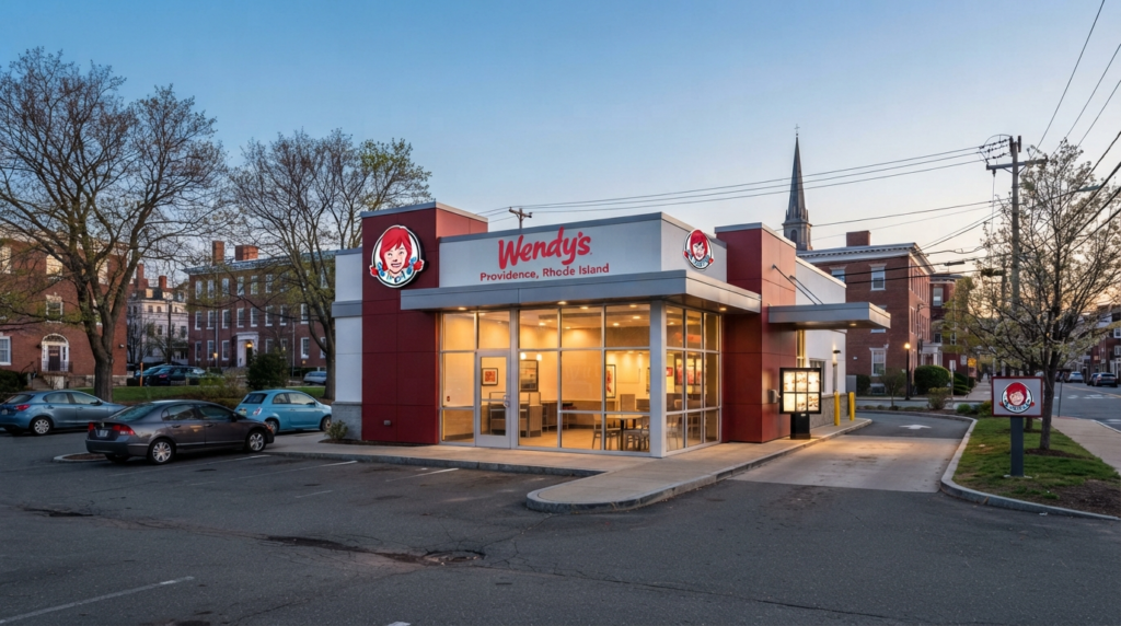 Wendy's fast food restaurant exterior with drive-thru in Providence, Rhode Island at dusk