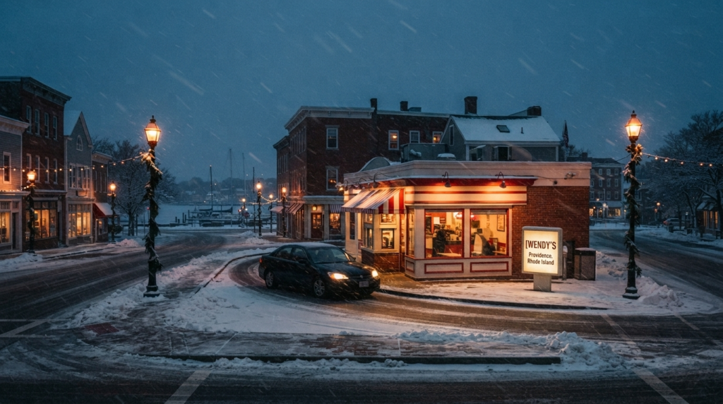 Snowy winter evening drive-thru scene near Providence, Rhode Island