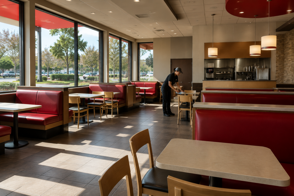 Empty fast food restaurant dining room with red booths during a quiet mid-afternoon period