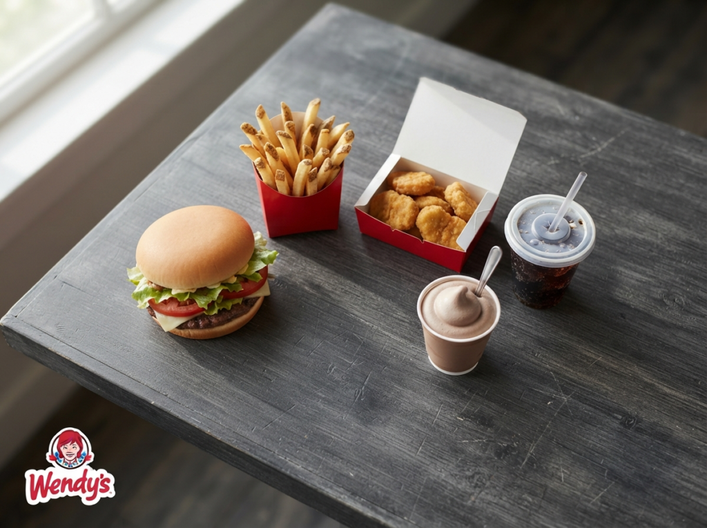 Wendy's Biggie Bag combo meal with burger, fries, nuggets, drink, and Frosty