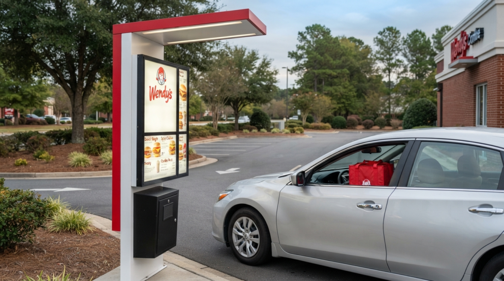Car at a Wendy's drive-thru order board with a food delivery bag visible inside