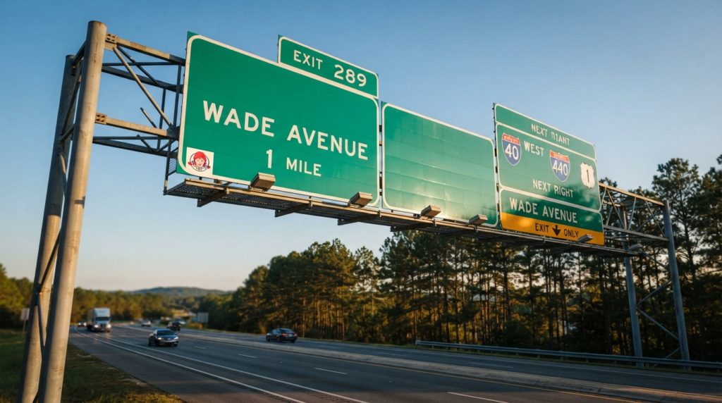 North Carolina interstate highway sign representing routes from Raleigh to Durham, Charlotte, and Greensboro