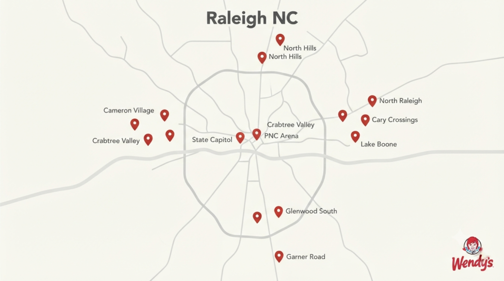 Illustrated map showing nine Wendy's restaurant locations spread across Raleigh, North Carolina