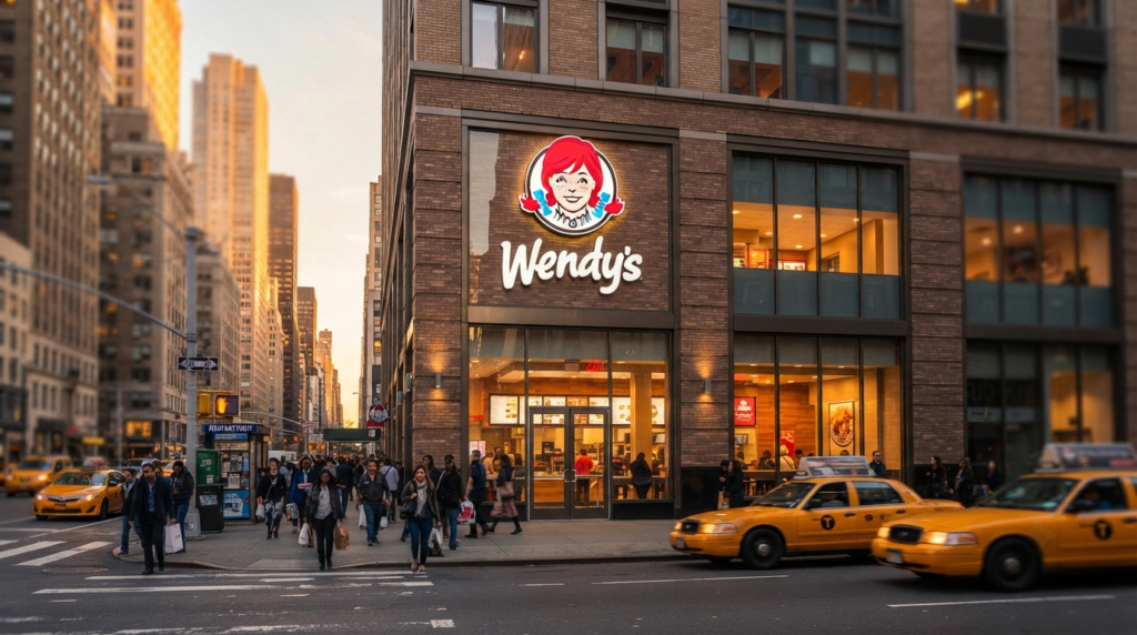 Wendy's fast food restaurant storefront with the Wendy's logo sign, New York City street and skyline in the background
