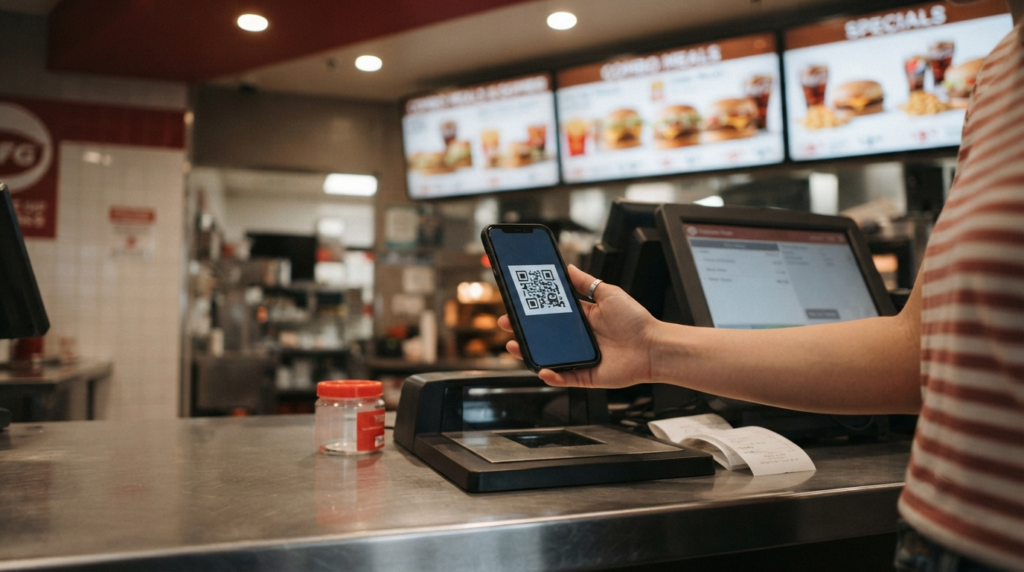 Customer scanning a rewards QR code at a fast-food counter to earn points