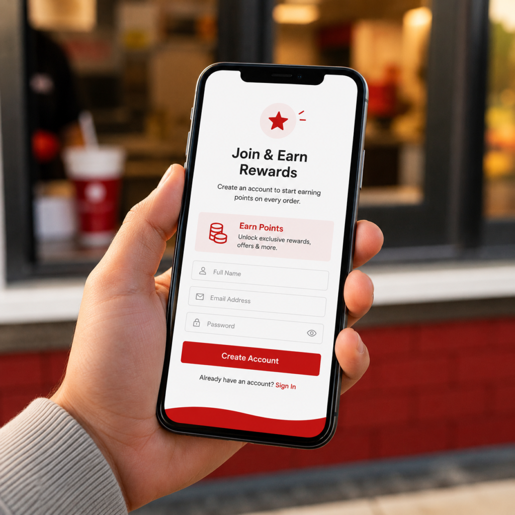Smartphone showing a loyalty rewards sign-up screen at a fast-food counter