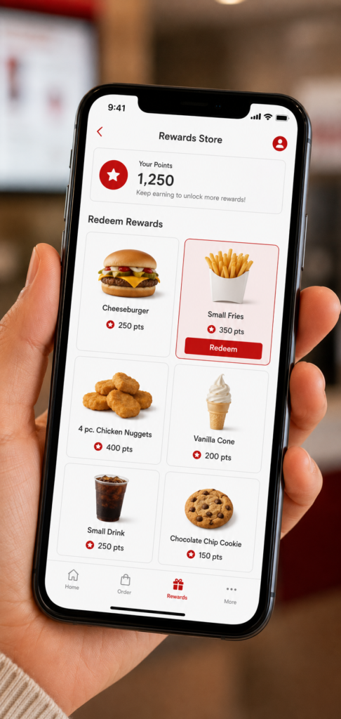 Rewards store app screen showing food items available to redeem with points