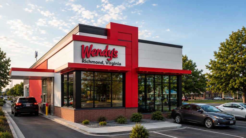 Wendy's restaurant exterior in Richmond, Virginia with drive-thru and parking lot