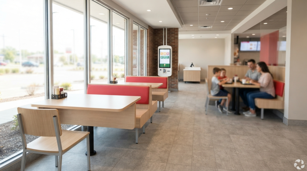 Bright Wendy's dining area interior with wheelchair-accessible seating and a self-order kiosk, San Antonio location