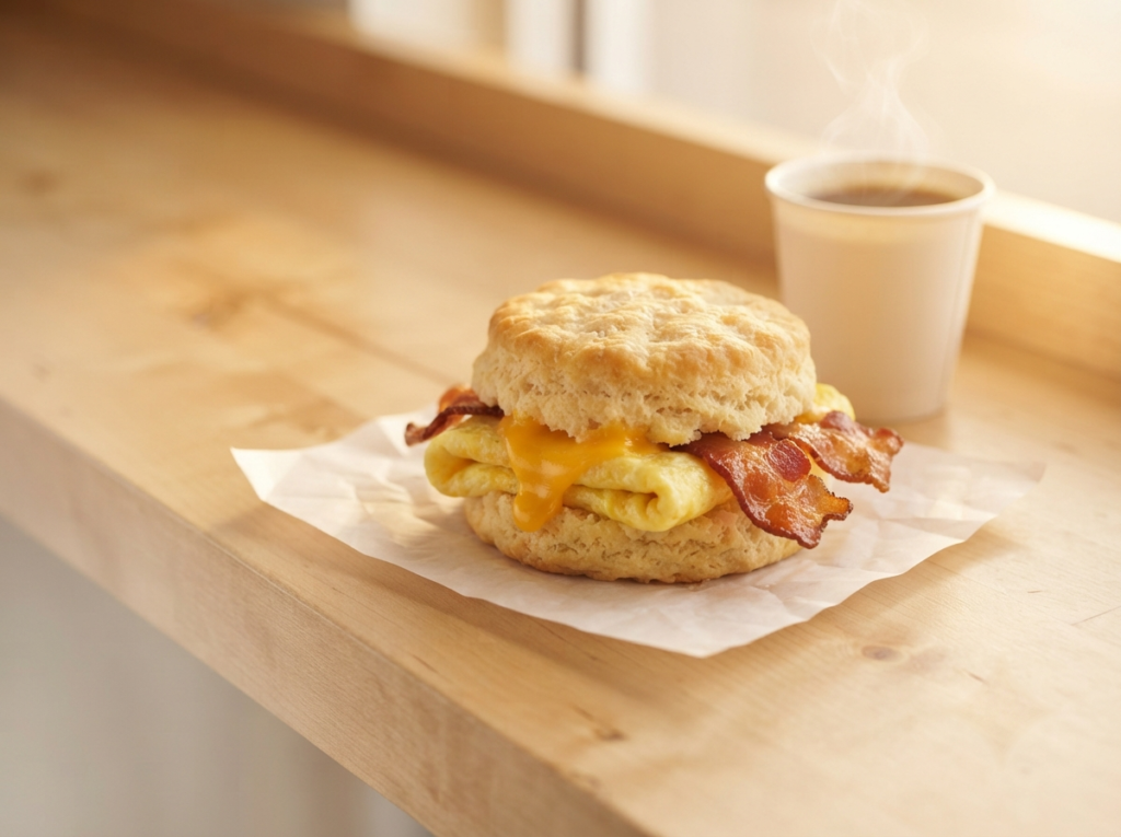 Wendy's breakfast biscuit sandwich with egg, cheese, and bacon next to hot coffee, San Antonio breakfast menu