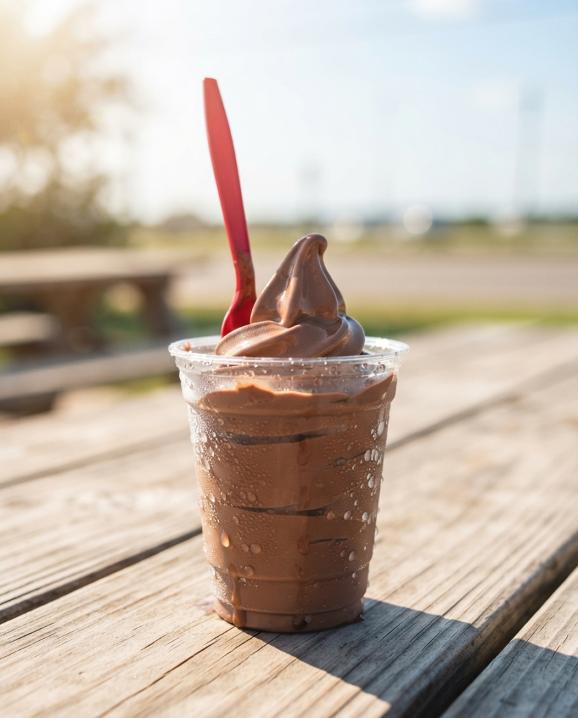 Chocolate Frosty dessert with condensation on the cup, outdoors in San Antonio summer heat