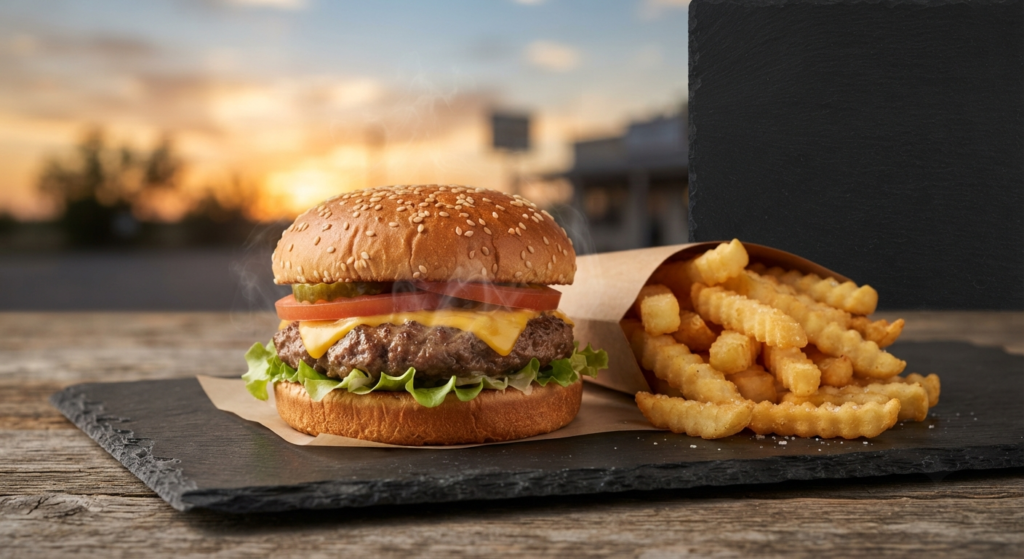 Fresh Wendy's-style burger and fries with a Texas-inspired backdrop, representing Wendy's locations across San Antonio