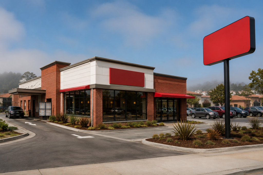 Exterior of a Wendy's fast food restaurant near San Francisco, California, with red and white signage
